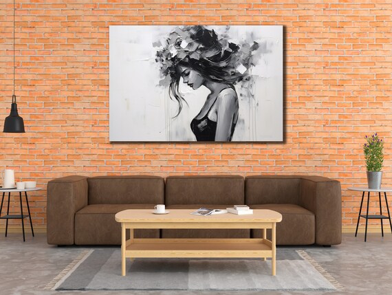 Black White Woman Profile Floral Crown Elegant Monochrome Wall Print