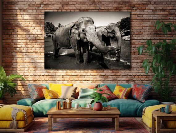 Elephants In Water Black White Wildlife Photography Art Wall Poster