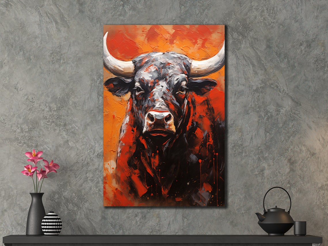 Dark Bull Portrait Fiery Orange Background Modern Animal Wall Art - Image 2