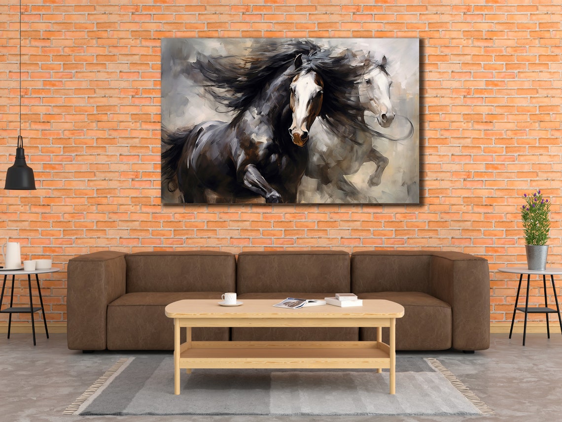 Black White Horses Running Misty Impressionist Equestrian Art Poster - Image 2