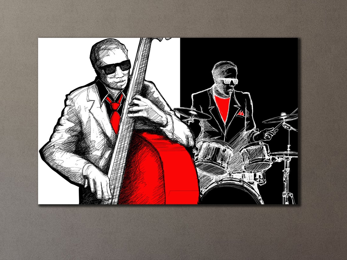 Jazz Duo Double Bass and Drummer Sketch Black White Red Art Poster