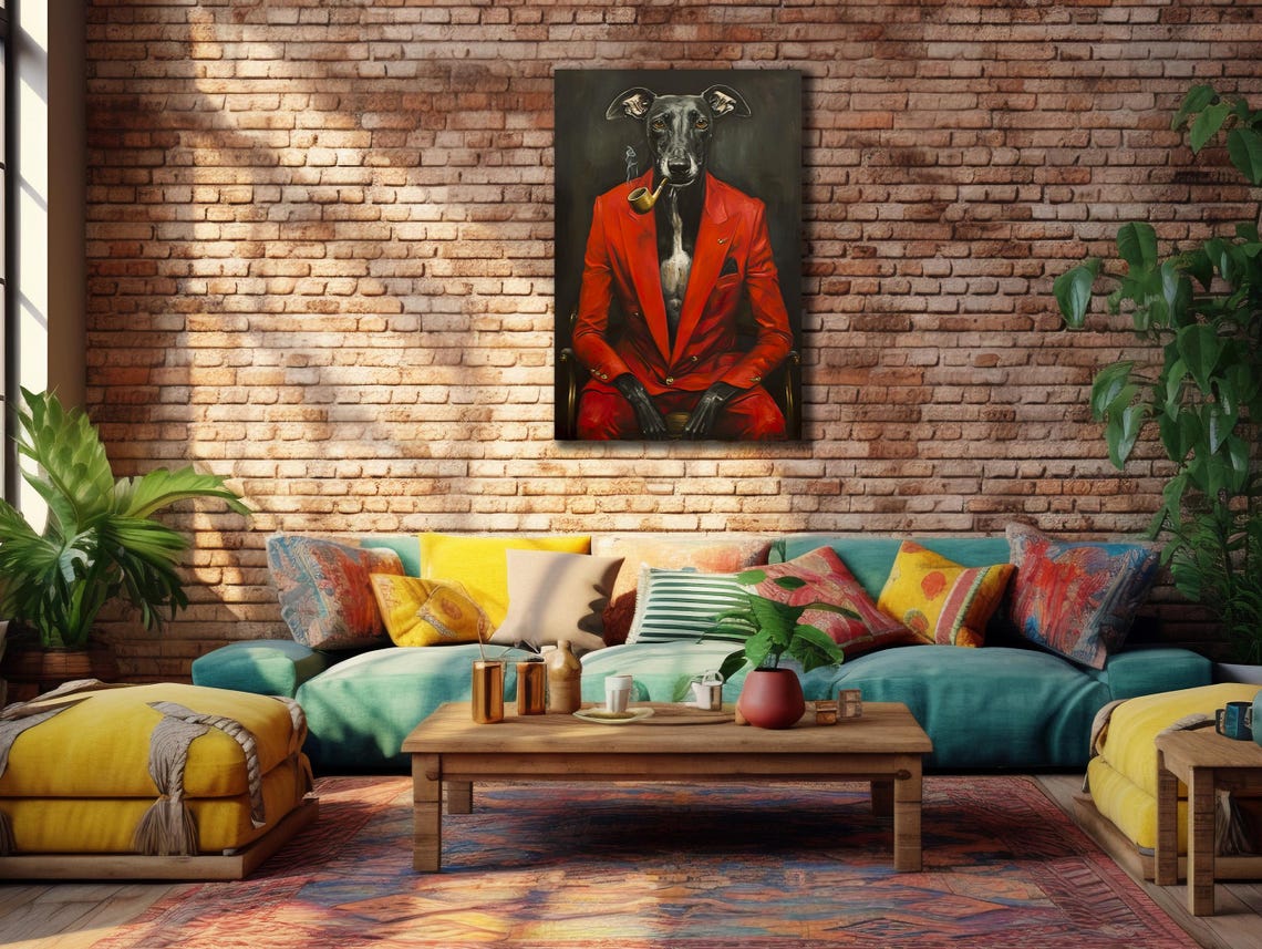Greyhound Dog In Red Suit Smoking Pipe Funny Vertical Portrait Poster
