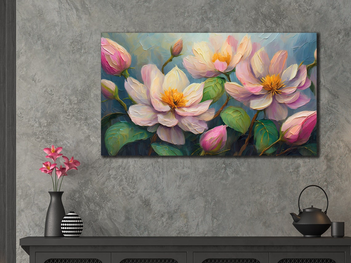 White Pink Peony Flowers With Buds Blue Green Impasto Floral Poster - Image 3