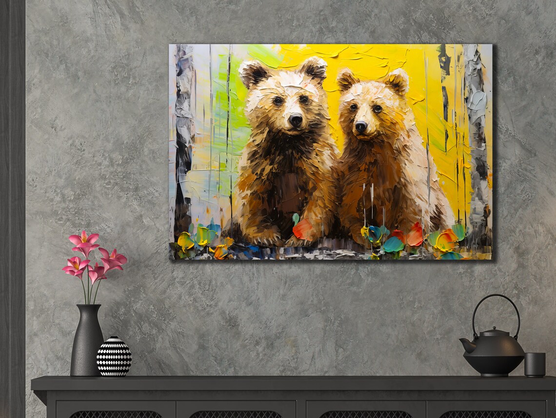 Bear Cubs in Birch Forest Yellow Palette Knife Painting Woodland Wall Art Poster - Image 3