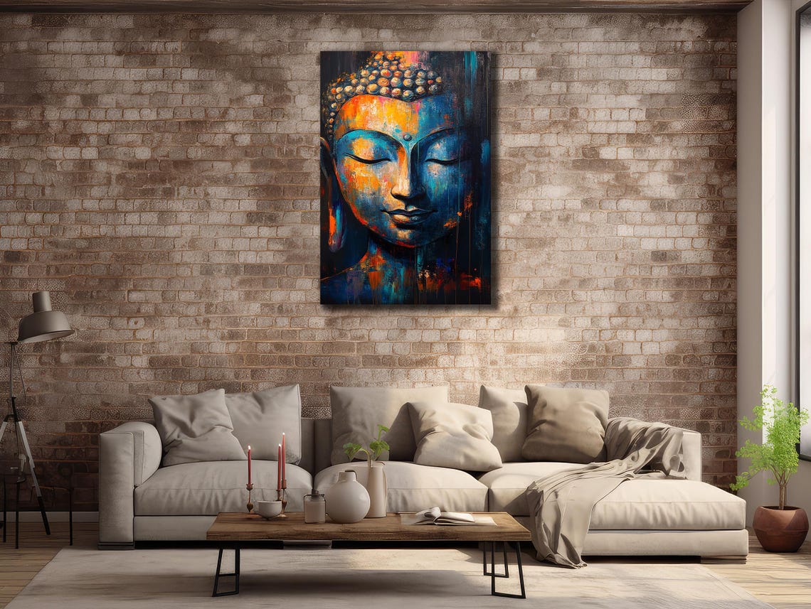 Colorful Buddha Face Blue Orange Abstract Zen Meditation Art Poster - Image 2
