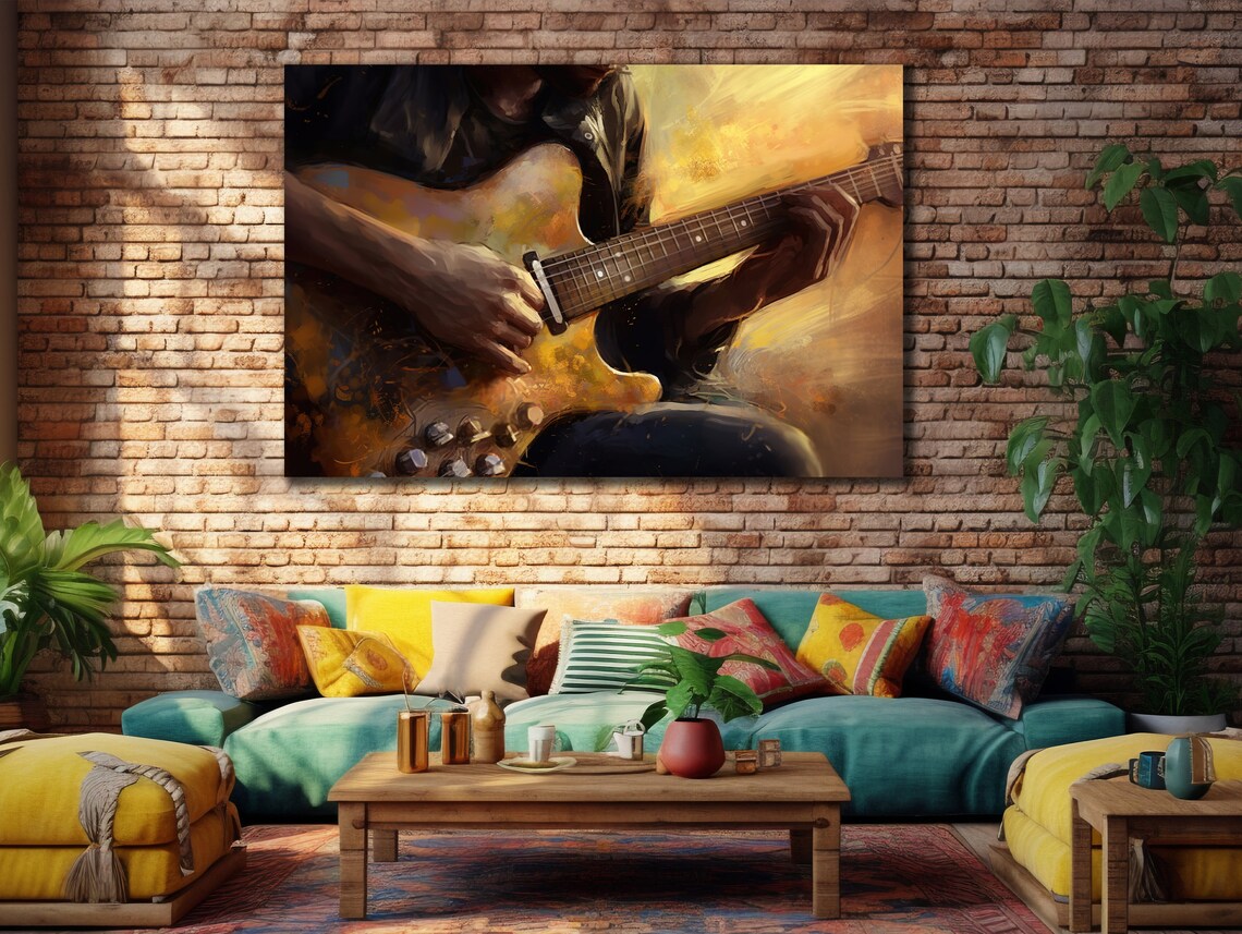 Electric Guitar Musician Hands Golden Abstract Rock Music Wall Art Poster