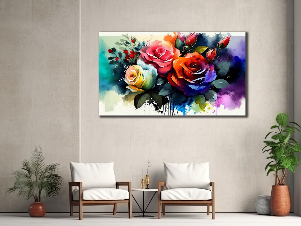 Colorful Watercolor Roses Bouquet Rainbow Splashes Floral Art Poster