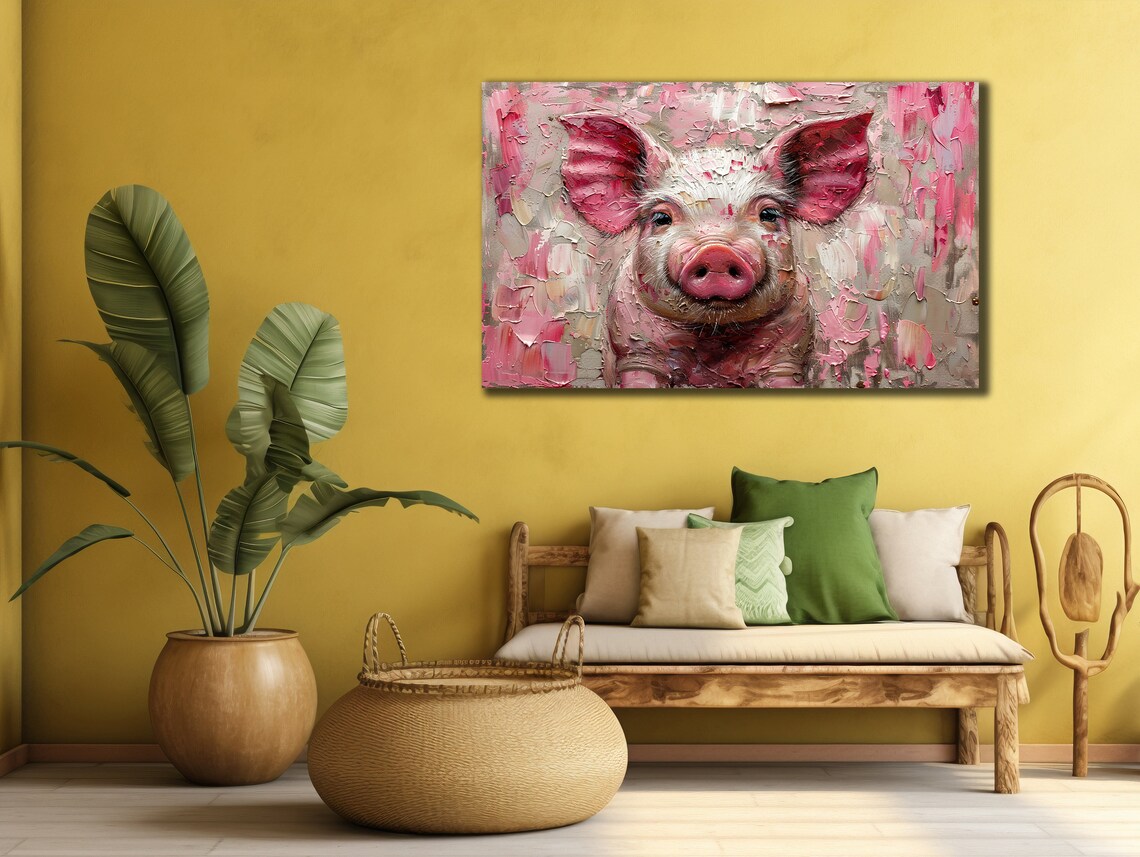Pink Piglet Portrait Impasto Oil Painting Cute Farm Wall Art Print - Image 2
