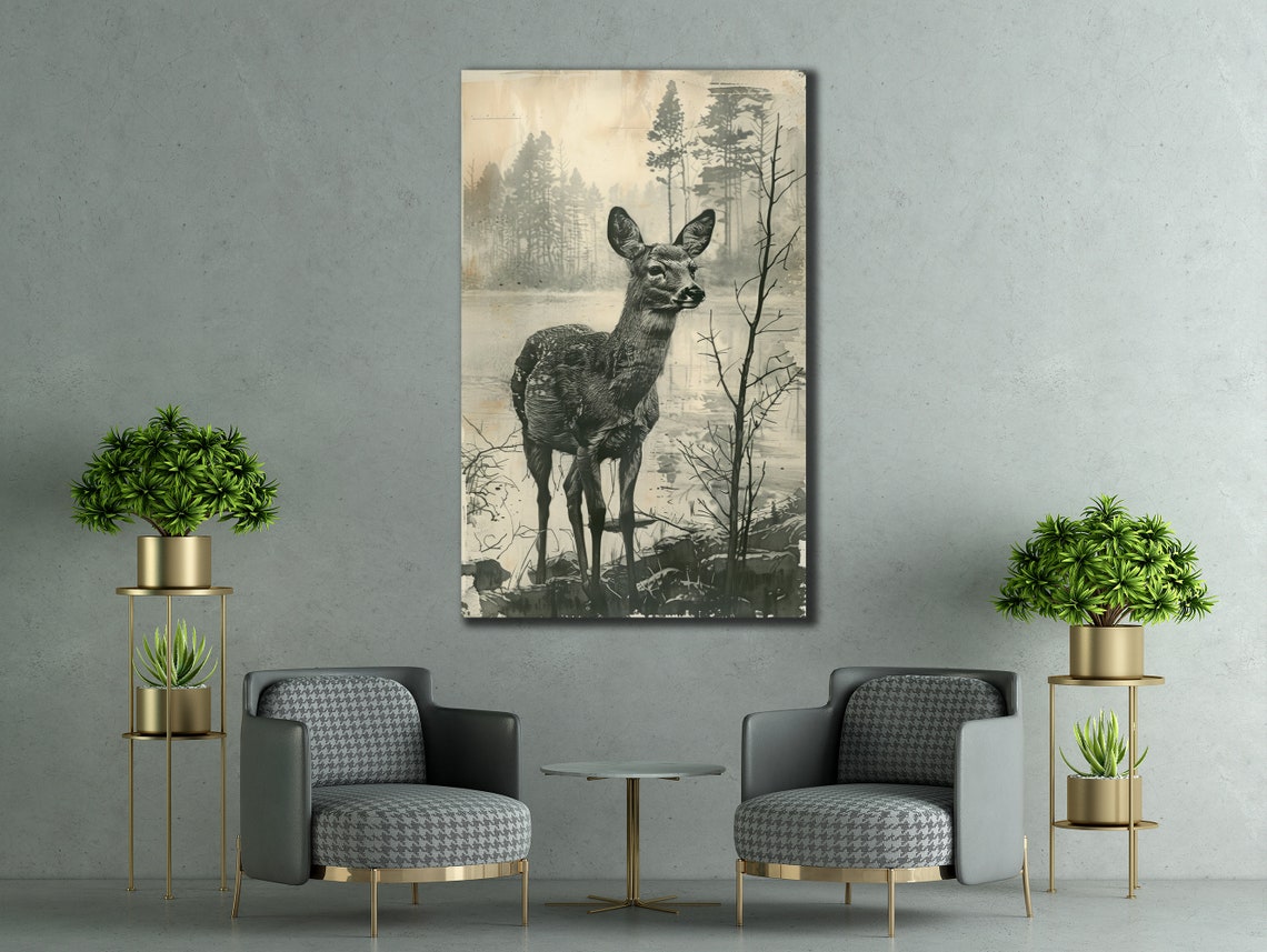 Vintage Sepia Deer By Misty Lake Forest Vertical Wildlife Art Poster - Image 2