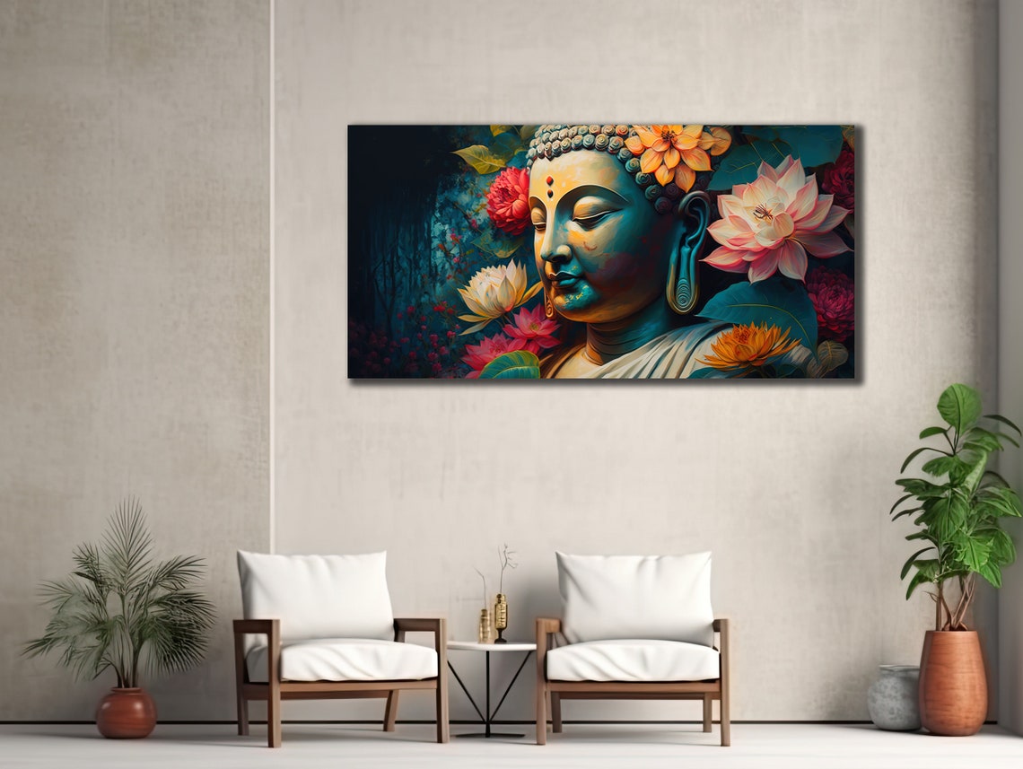 Buddha Face Among Lotus Flowers Teal Colorful Serene Wall Art Poster - Image 2