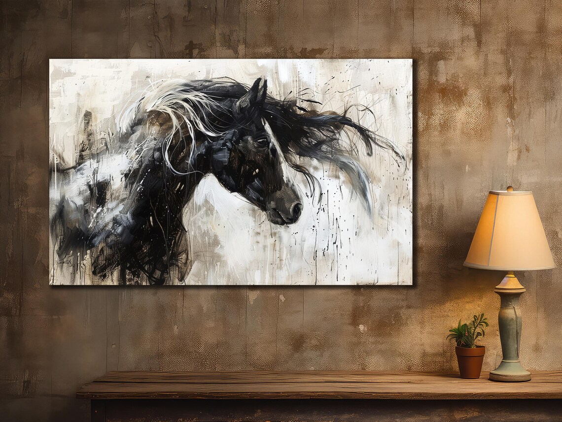Black Horse Head Monochrome Ink Splash Portrait Equestrian Art Print