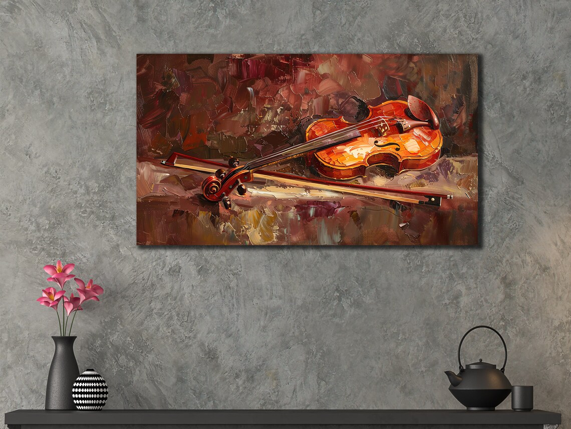 Vintage Violin Still Life Oil Painting Warm Amber Instrument Art Print - Image 3