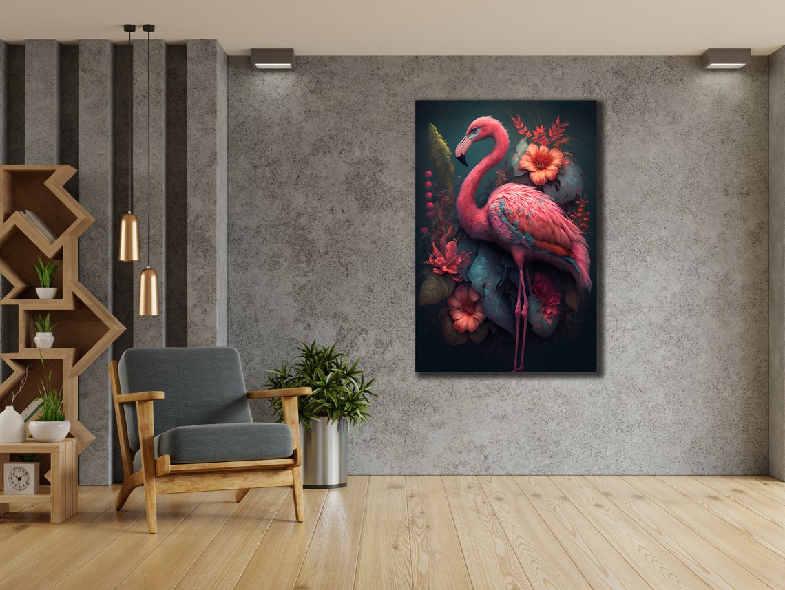 Pink Flamingo Tropical Flowers Dark Background Wildlife Art Poster - Image 2