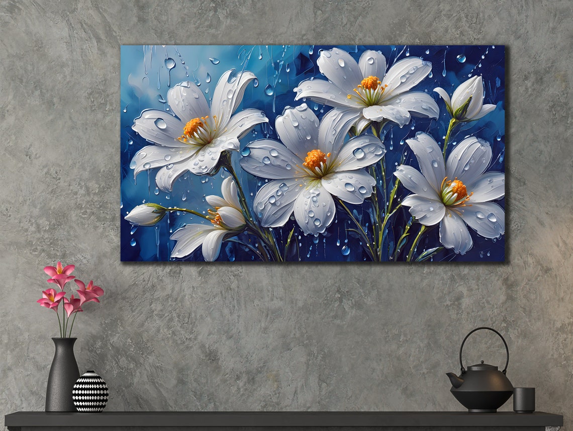 White Flowers With Rain Droplets Deep Blue Botanical Wall Art - Image 2