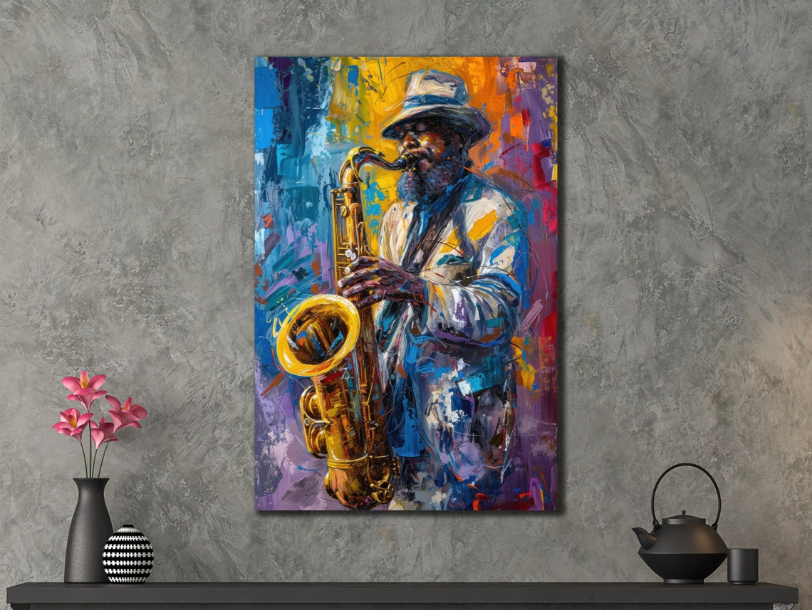 Colorful Saxophonist Jazz Player Abstract Blue Portrait Music Poster - Image 2
