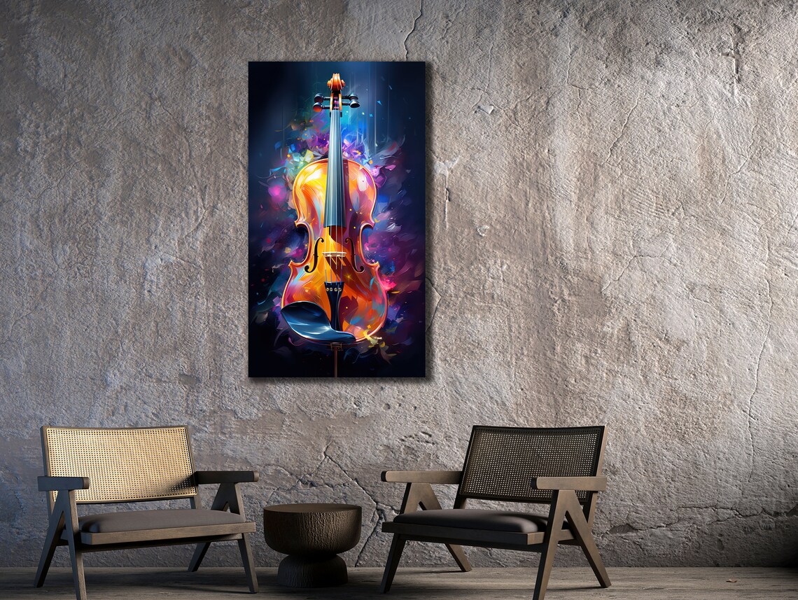Glowing Violin Abstract Colorful Purple Blue Music Instrument Wall Print - Image 3