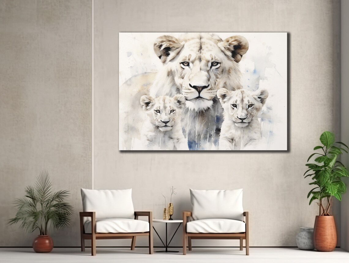 White Lioness with Cubs Watercolor Family Gentle Animal Art Poster - Image 2
