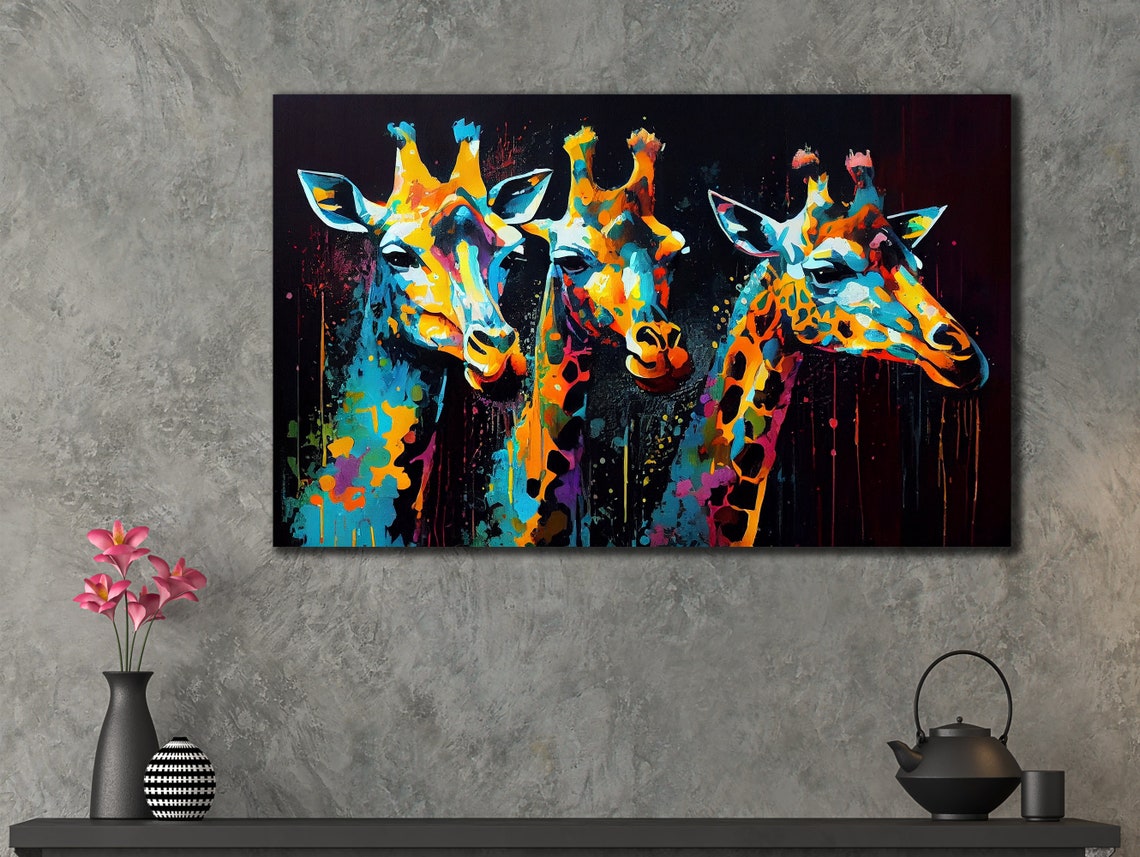 Three Giraffes Graffiti Splash Colorful Trio Wildlife Wall Poster - Image 2