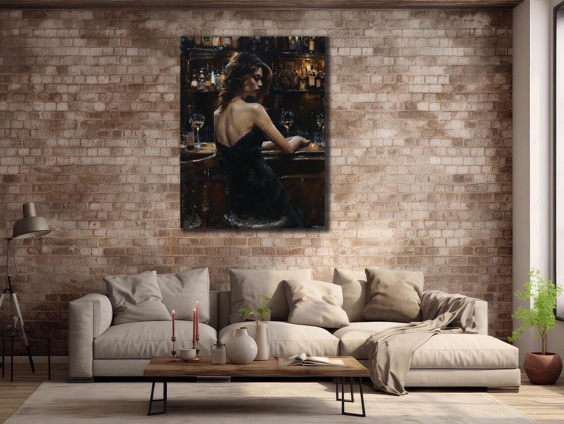 Woman at the Bar Black Dress Moody Night Oil Painting Wall Art Poster - Image 3