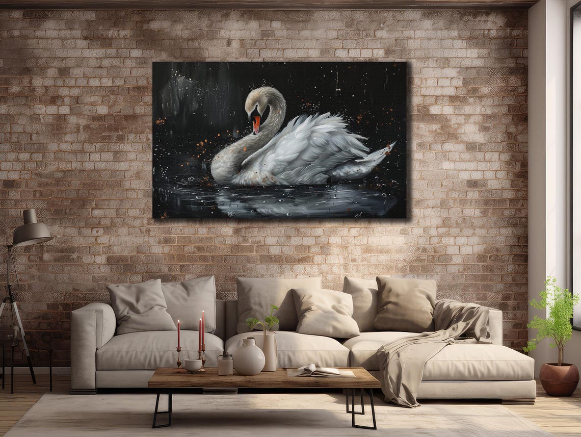 White Swan Dark Water Dramatic Black Background Elegant Art Poster