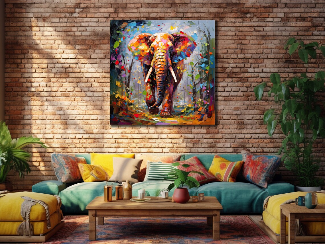 Elephant Walking Forest Colorful Palette Knife Mosaic Wildlife Art Poster - Image 3