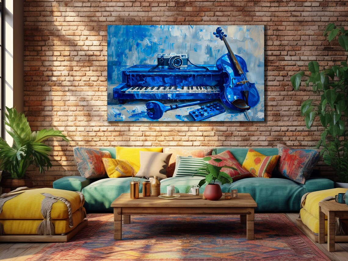 Blue Piano with Violin and Vintage Camera Still Life Music Poster - Image 2