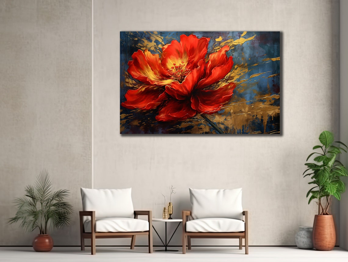 Red Poppy Bloom Blue Gold Abstract Bold Floral Painting Poster - Image 2