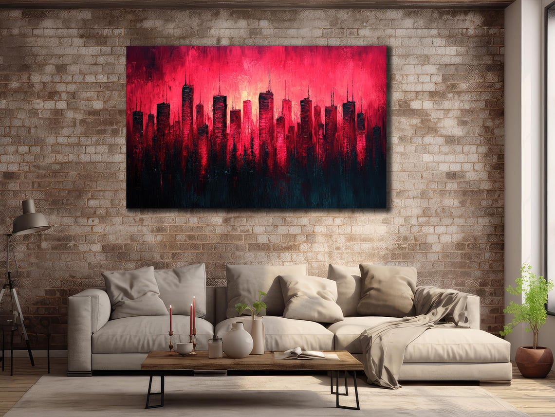 Crimson Red Abstract City Skyline Sunset Silhouette Urban Art Poster