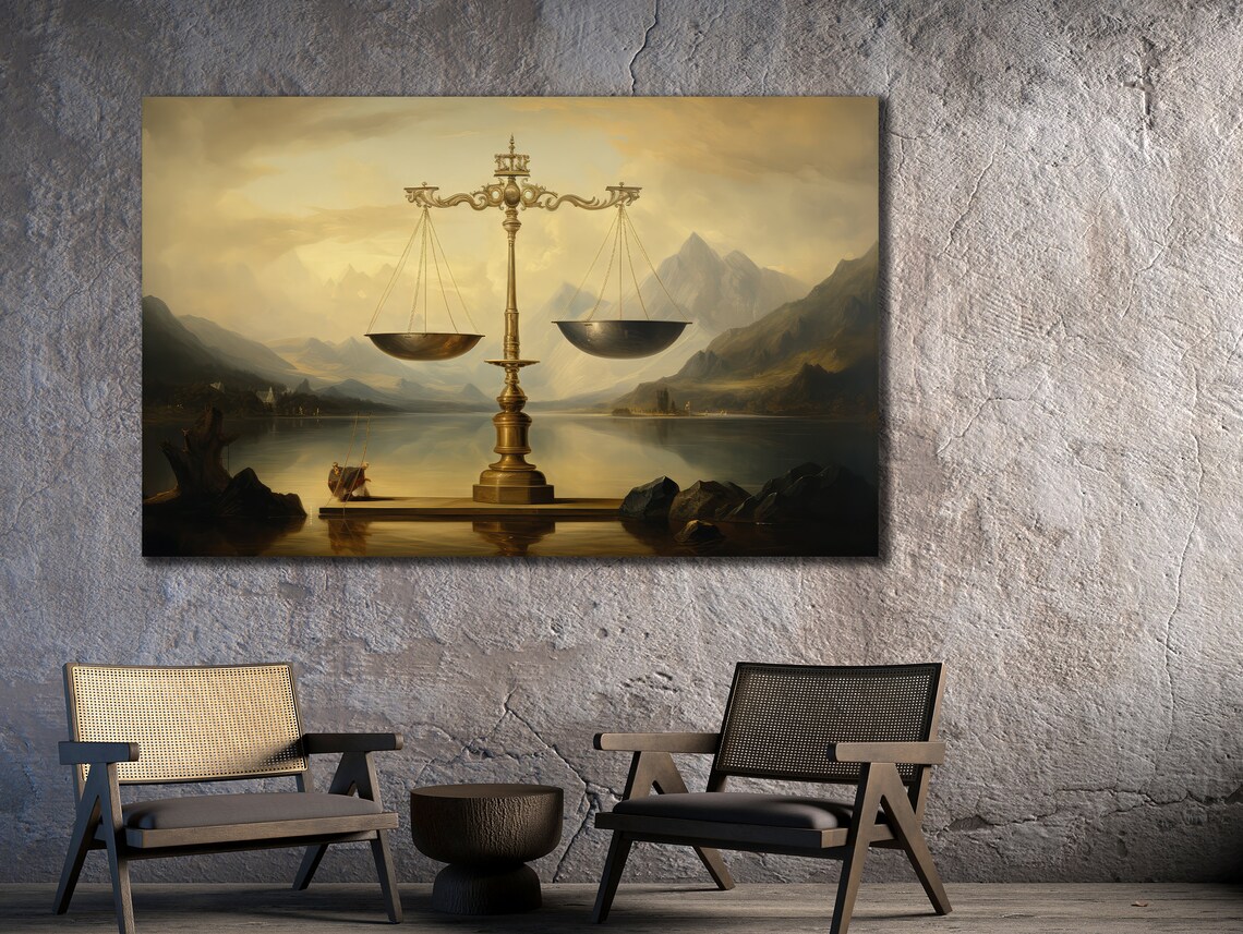 Golden Scales of Justice Over Mountain Lake Sunset Art Poster - Image 2