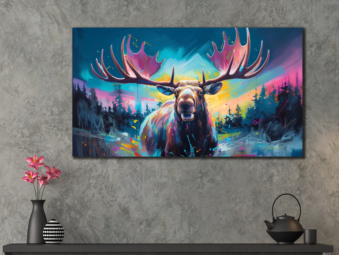 Joyful Moose Antlers Sunset Forest Whimsical Colorful Art Poster - Image 3