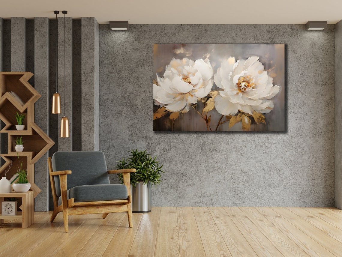 White Peonies Gold Leaves Grey Background Elegant Floral Art Poster - Image 3