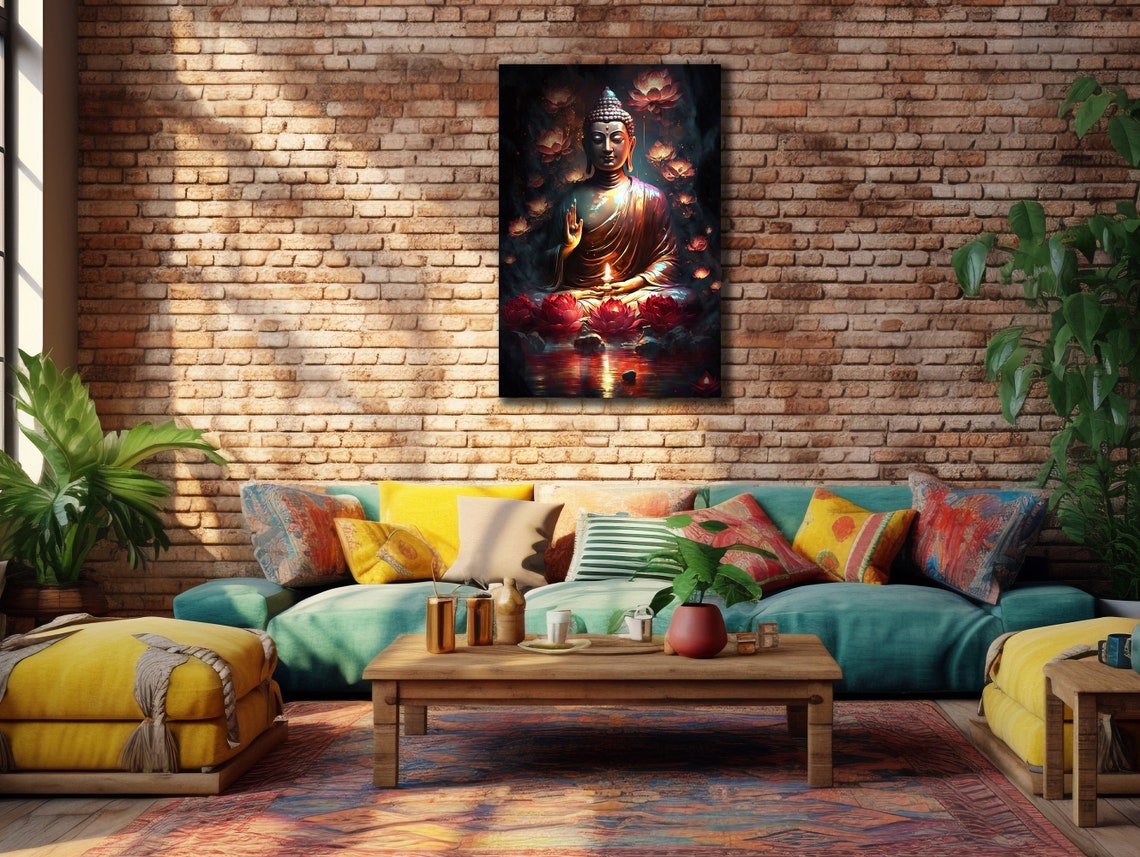 Glowing Buddha Candle Red Lotus Flowers Zen Decor Wall Art Poster - Image 2