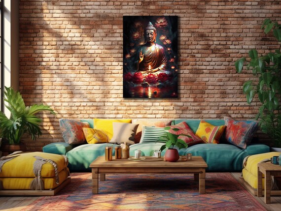Buddha Meditating Red Lotus Dark Zen Spiritual Wall Art Poster