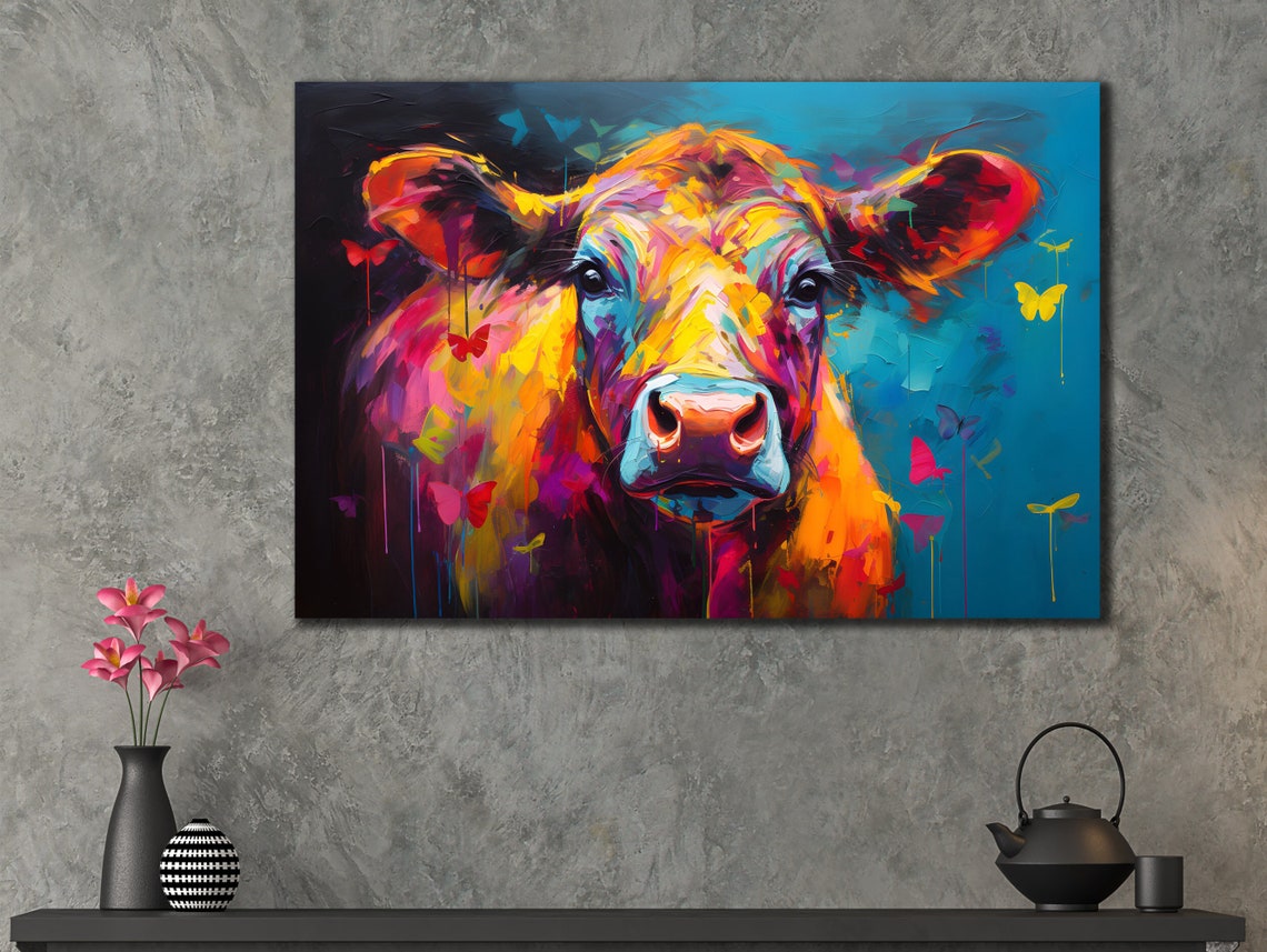 Colorful Pop Art Cow Face Rainbow Teal Background Fun Wall Art Poster - Image 2