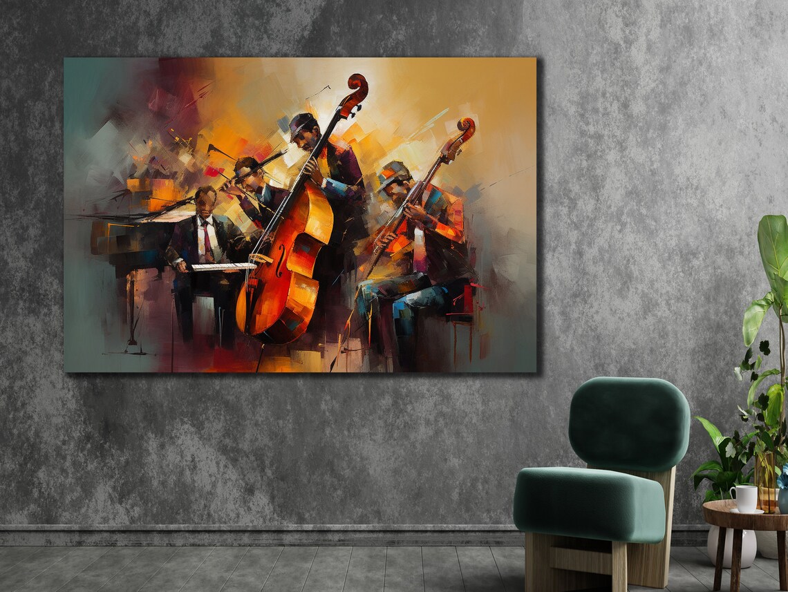 Jazz Band Musicians Colorful Oil Painting Saxophone Double Bass Poster - Image 3