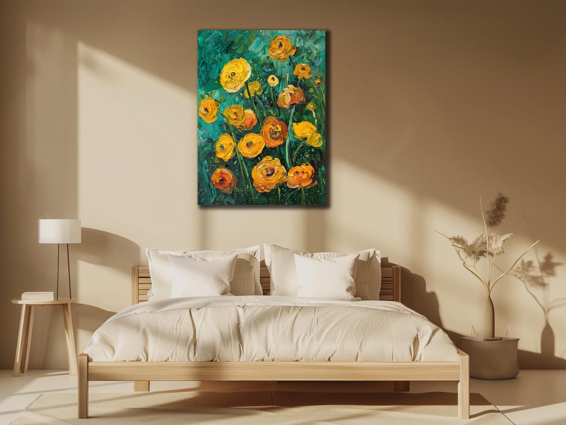 Vibrant Yellow Ranunculus Teal Green Background Joyful Floral Poster