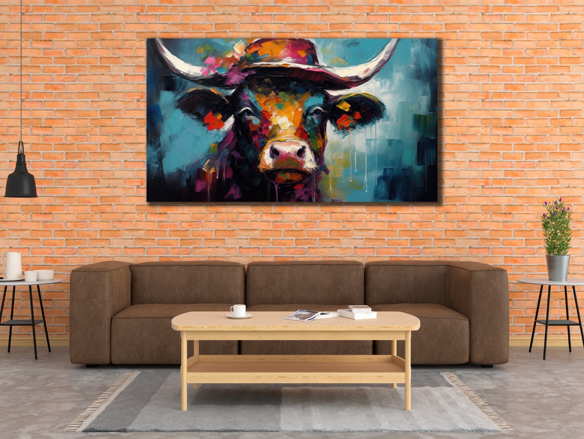 Colorful Longhorn Bull Wearing Hat Pop Art Animal Portrait Poster - Image 2