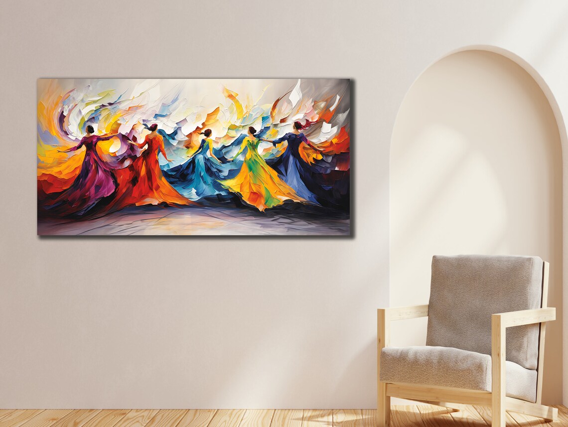Five Dancing Women Flowing Colorful Dresses Impasto Wall Art Print - Image 3