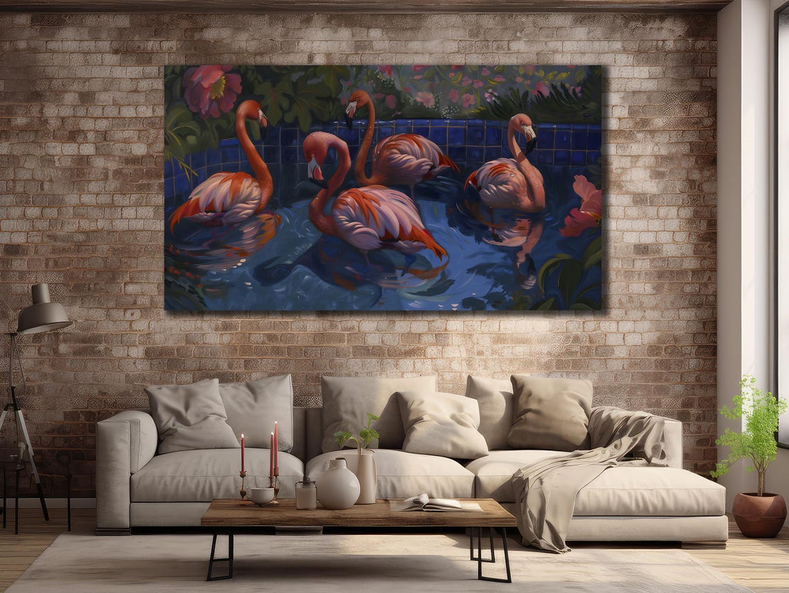 Pink Flamingos Blue Pool Tropical Night Elegant Bird Group Wall Poster - Image 3