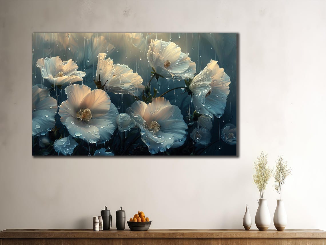 White Poppies Raindrops Dark Blue Night Floral Wall Art Poster - Image 3
