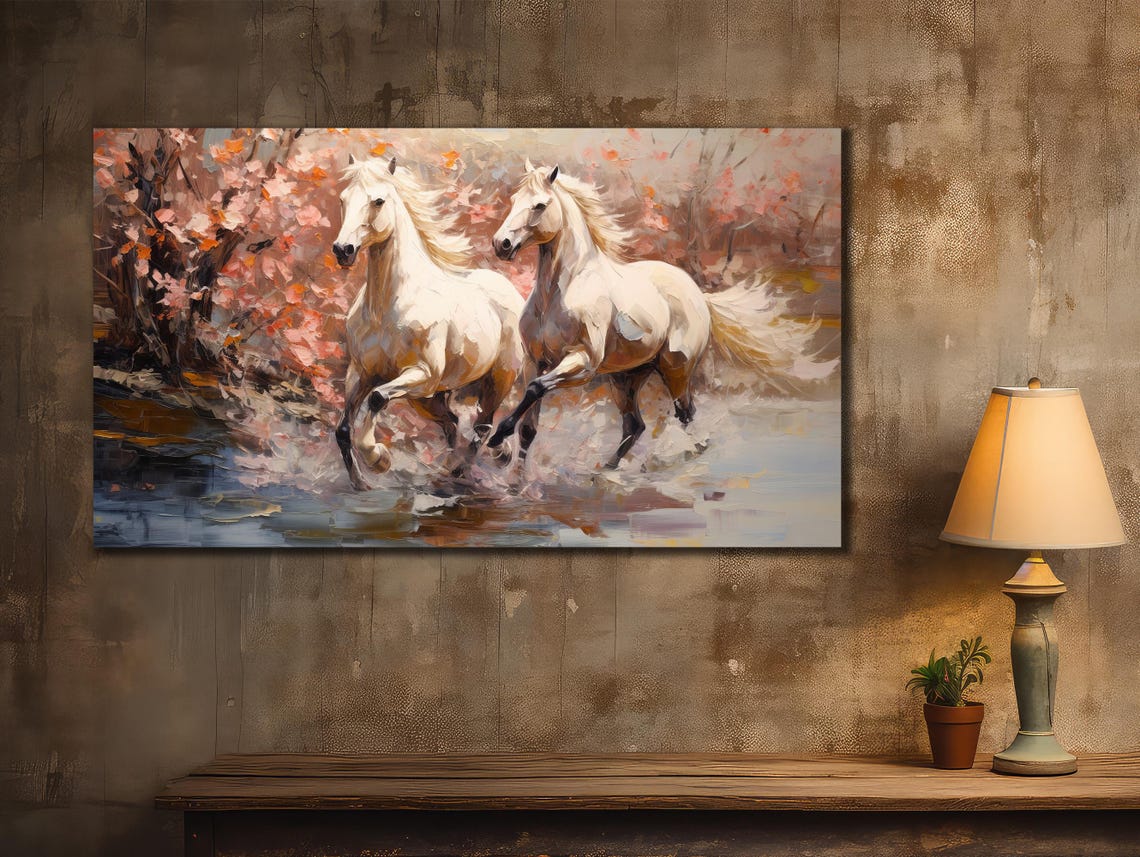 Two White Horses Galloping Through Water Pink Blossom Art Poster - Image 2