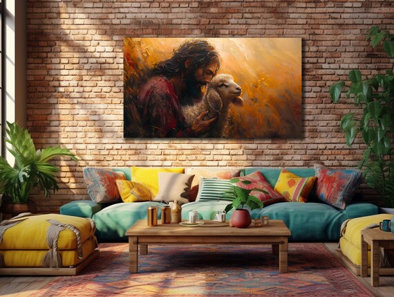 Jesus Good Shepherd Holding Lamb Golden Christian Wall Art Poster