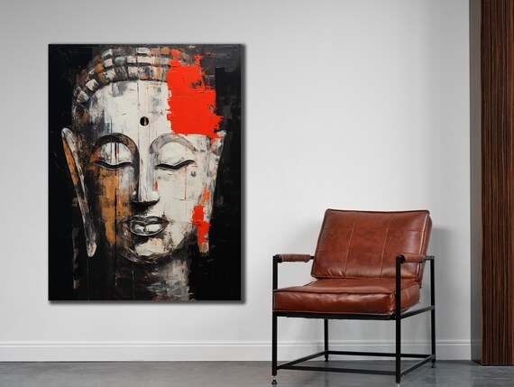 Buddha Face Black White Red Accent Zen Spiritual Painting Poster