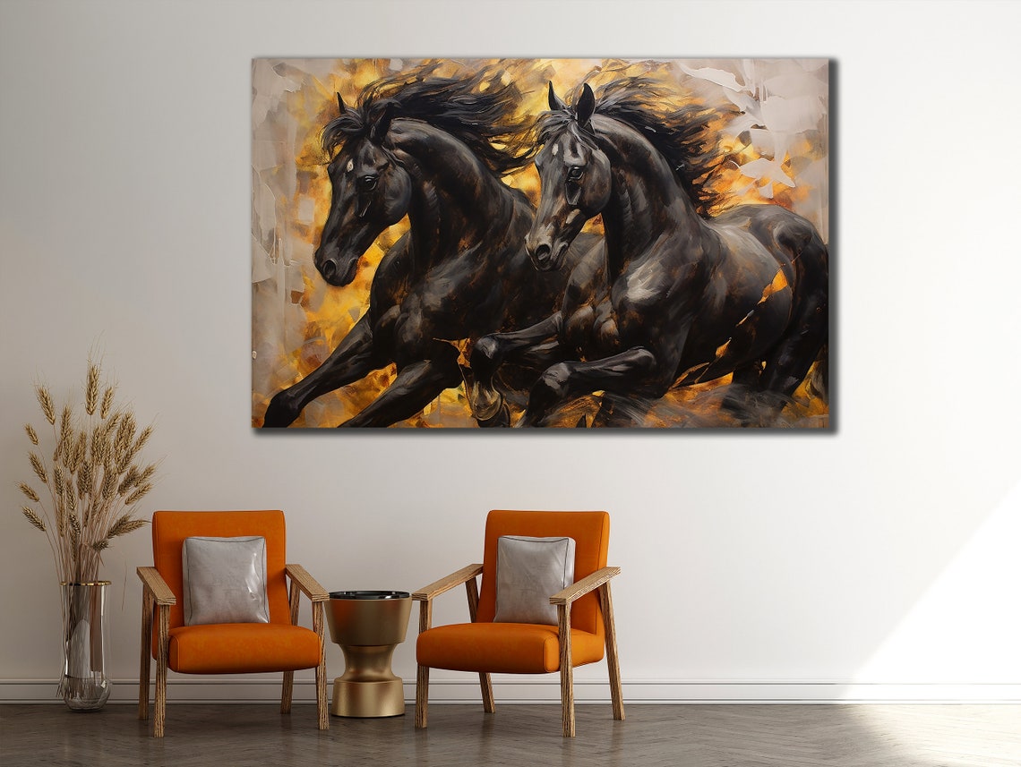 Two Black Horses Galloping Through Fiery Golden Sunset Abstract Poster - Image 3