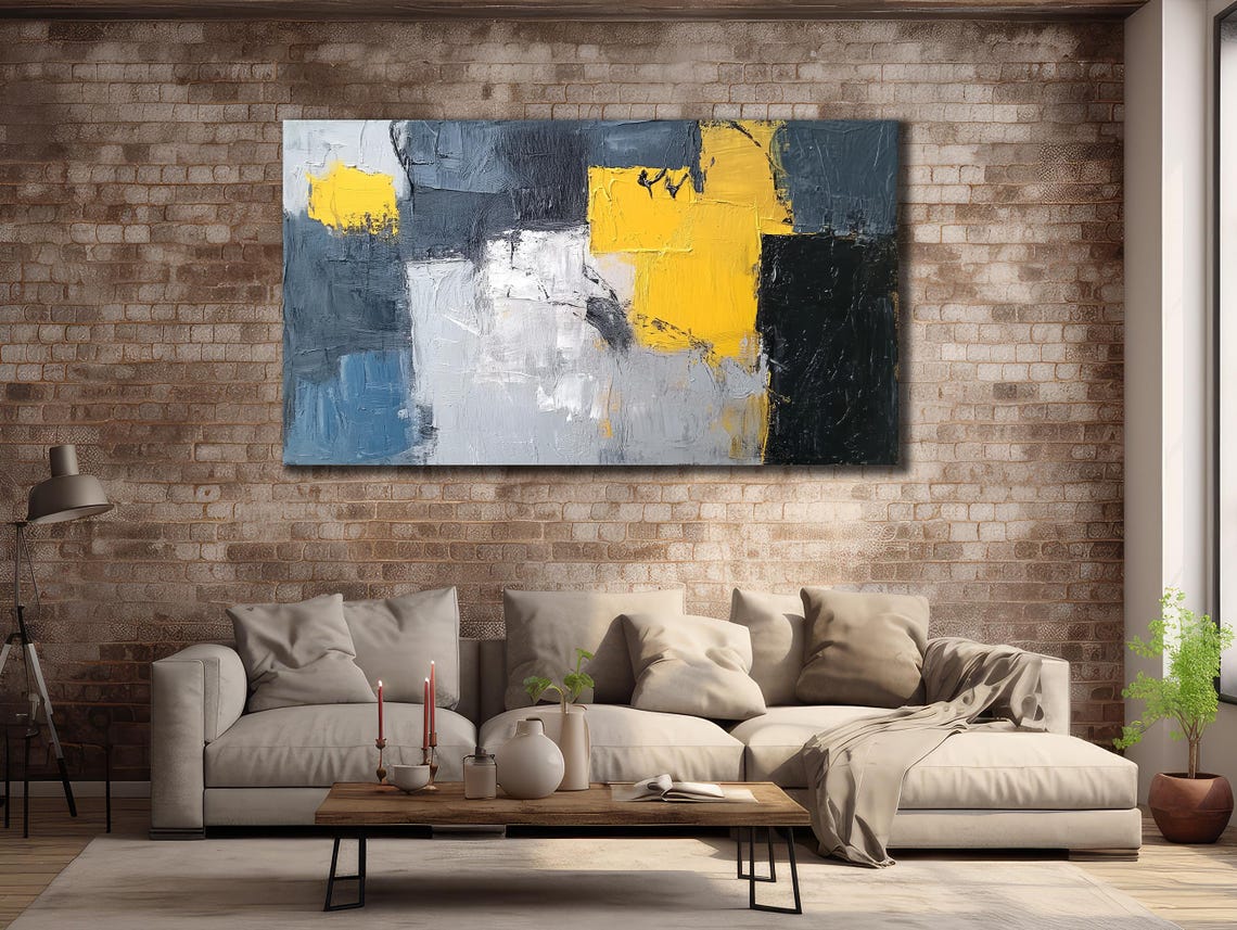 Geometric Black Gray Blue and Yellow Abstract Blocks Minimalist Poster - Image 2