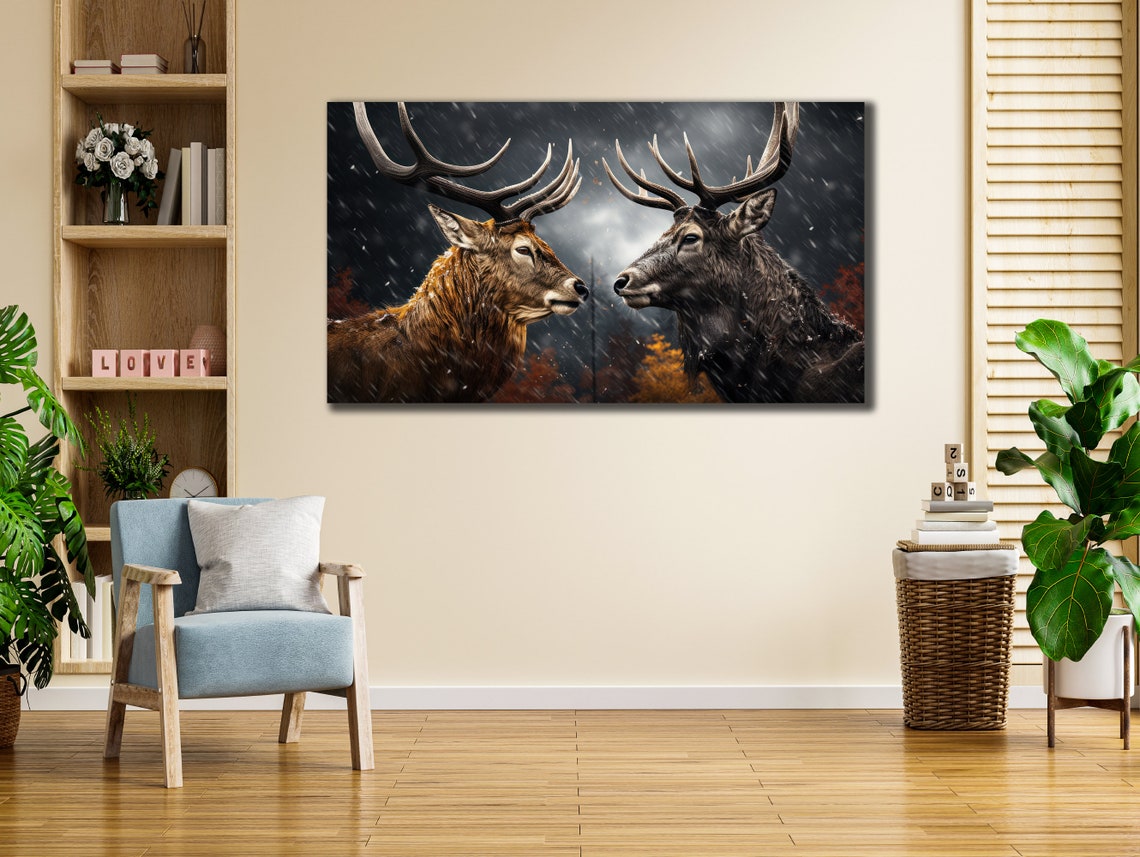 Two Majestic Stags Facing Off in Snowy Winter Forest Wildlife Poster - Image 2
