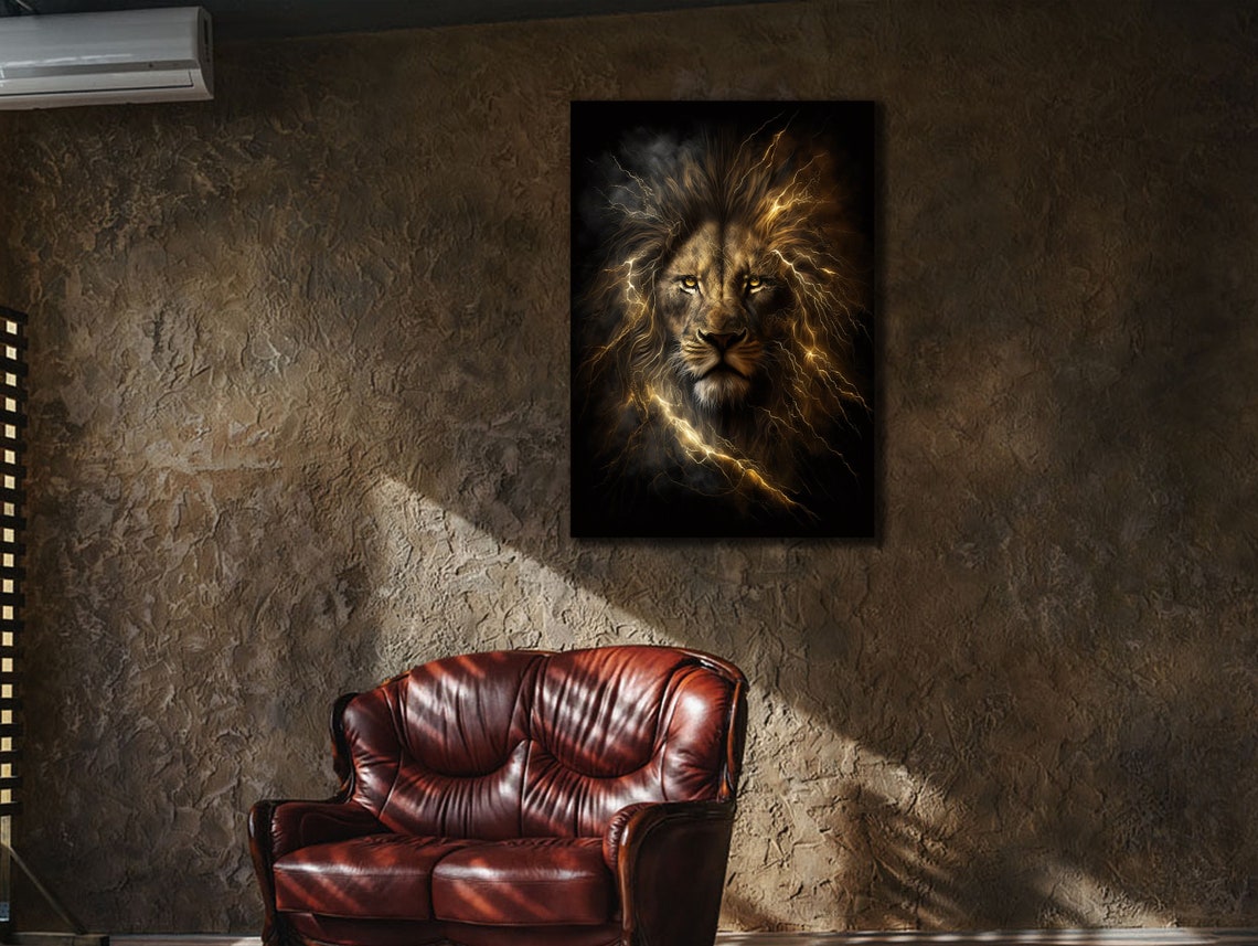 Lion Face Golden Lightning Mane Black Dramatic Animal Art Poster - Image 3