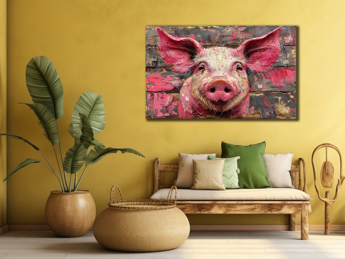 Happy Pink Pig Rustic Wood Background Farmhouse Wall Art Poster - Image 2