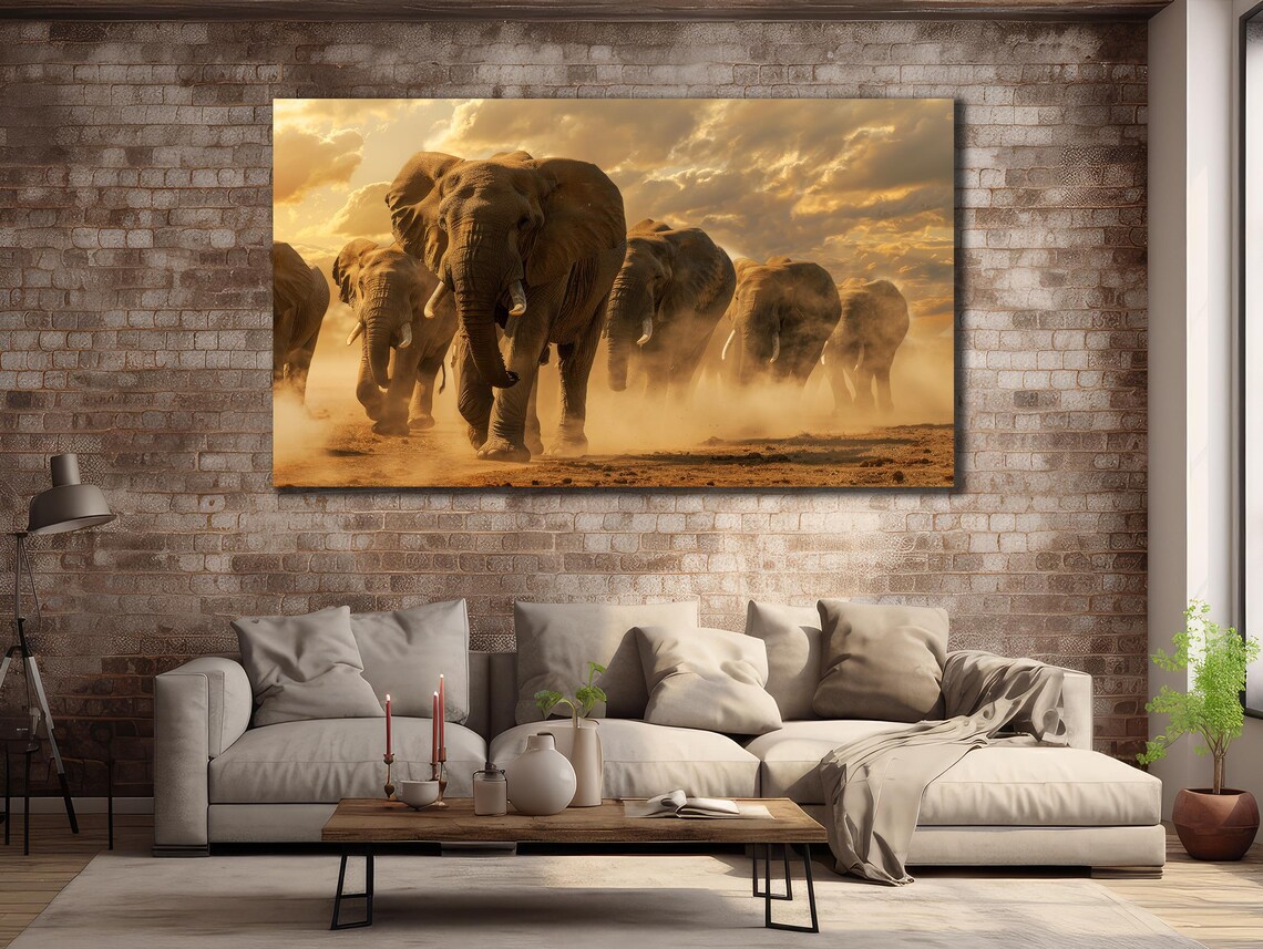 Elephant Herd at Sunset Golden Dust African Safari Photography Poster - Image 3
