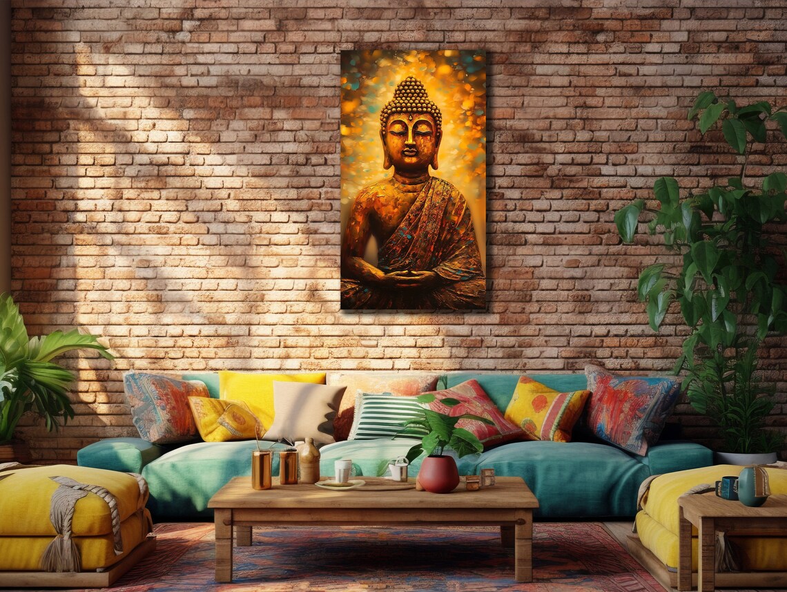 Meditating Buddha Statue Golden Bokeh Light Spiritual Calm Wall Art Poster - Image 2